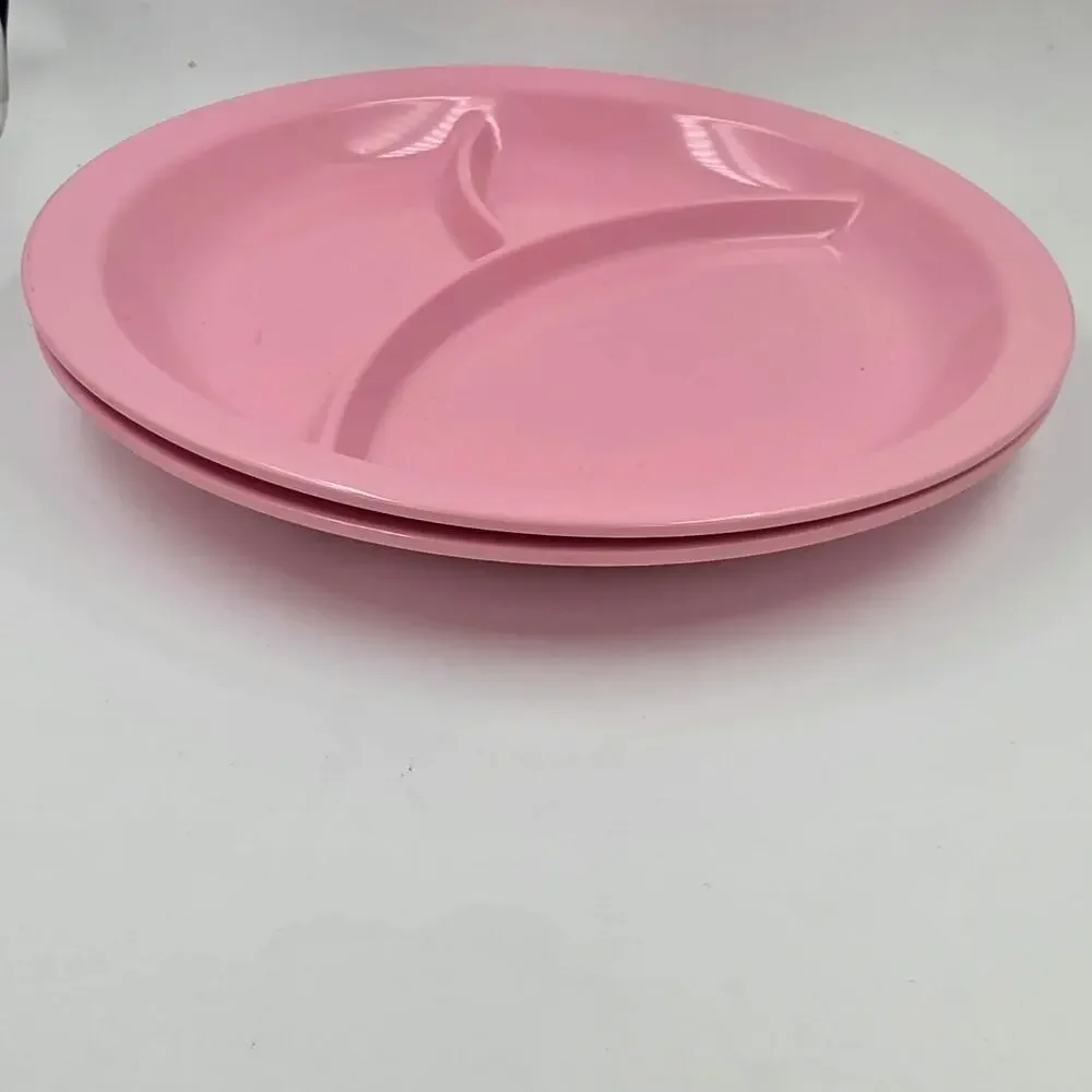 Two Pink Melamine Plastic Round 3 Divided Sections Child's Plate Portion Control